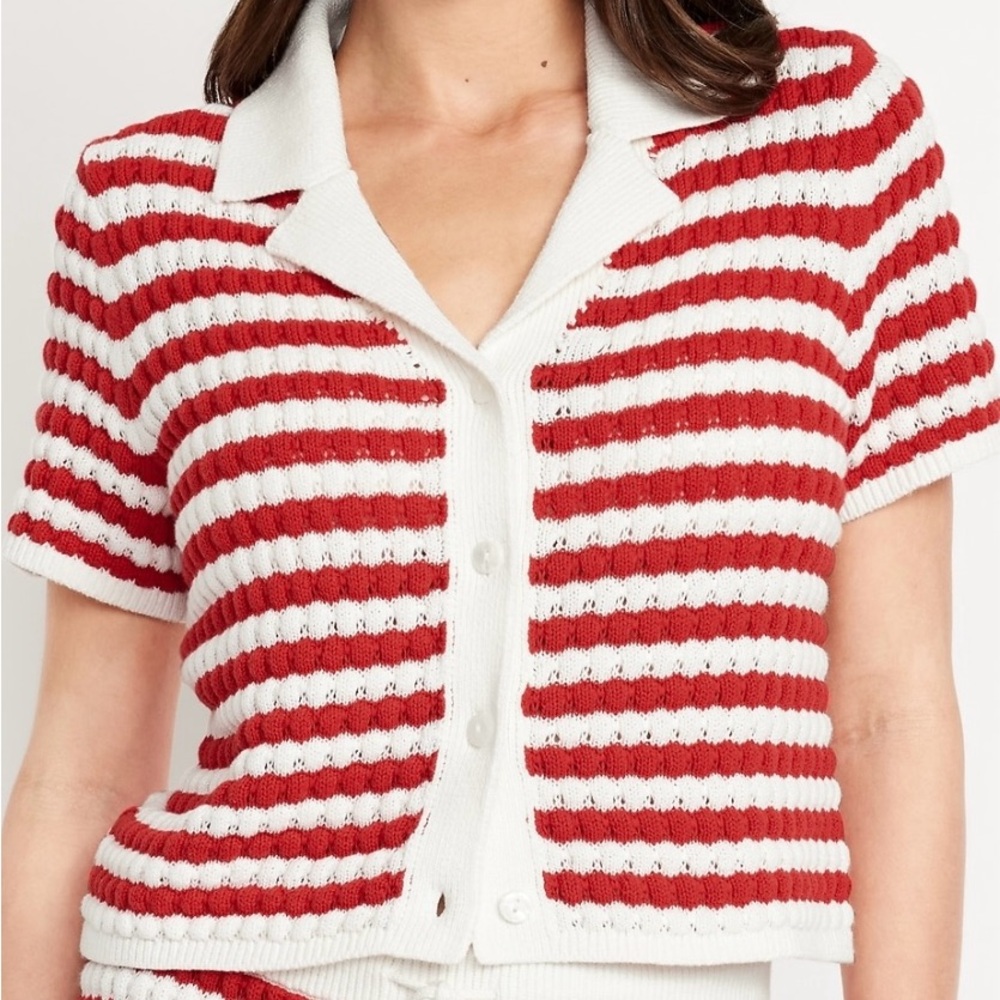 Red and White Striped Knit Cardigan
